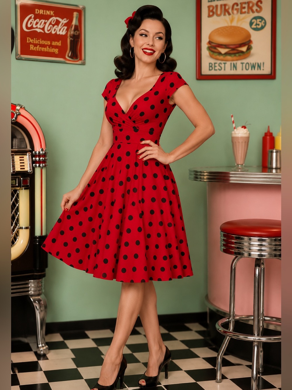 Belle Poque Red Black Polka Dot Fit & Flare Dress Retro Pin Up Rockabilly
